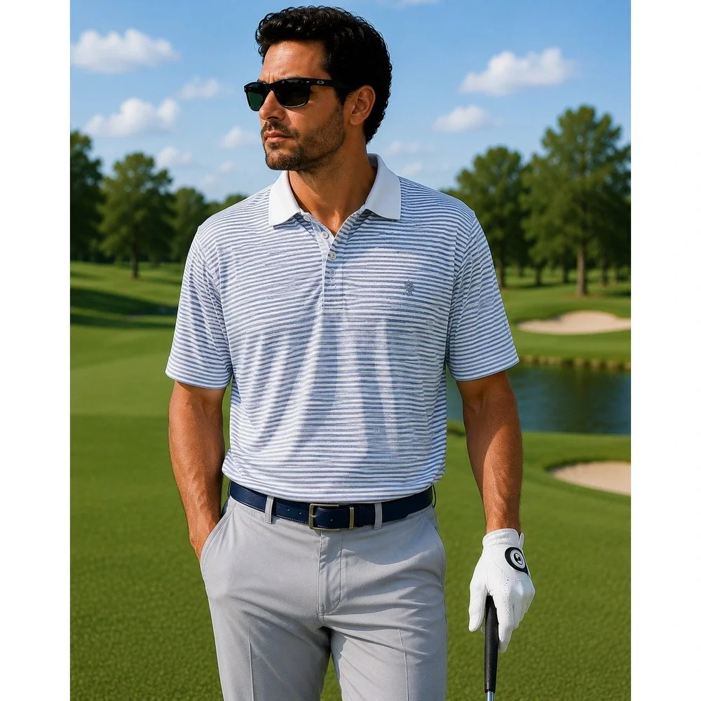 IZOD Golf Polo Shirt Performance Stretch Mens L Blue White Striped Sportswear